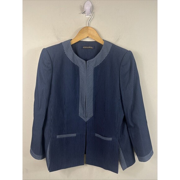 Brooks Brothers Blue Pinstripe 3/4 Sleeve Collarless Crop Modern Jacket Size 10 - Picture 1 of 12